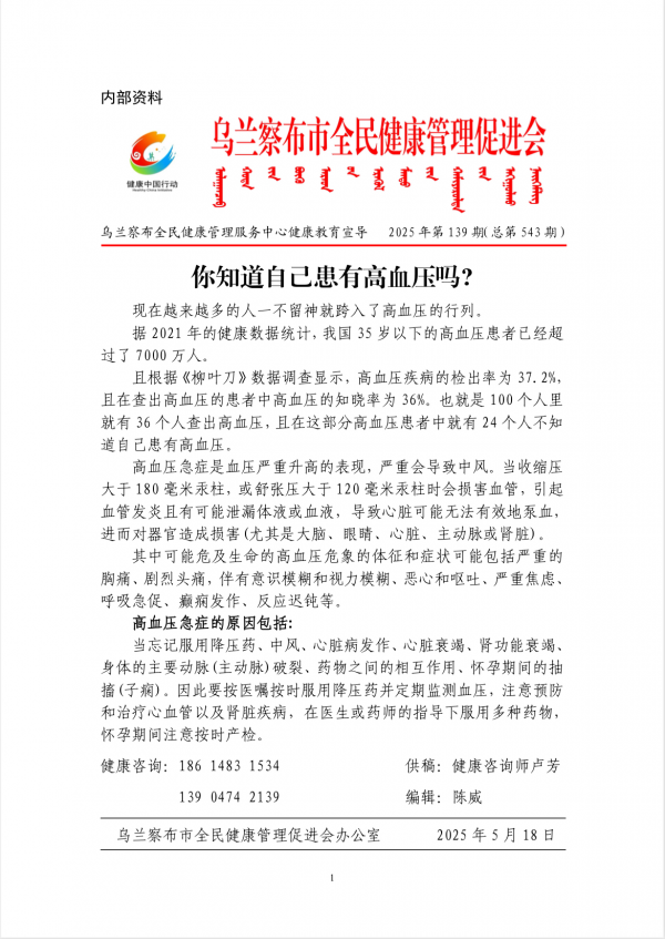 你知道自己患有高血压吗?